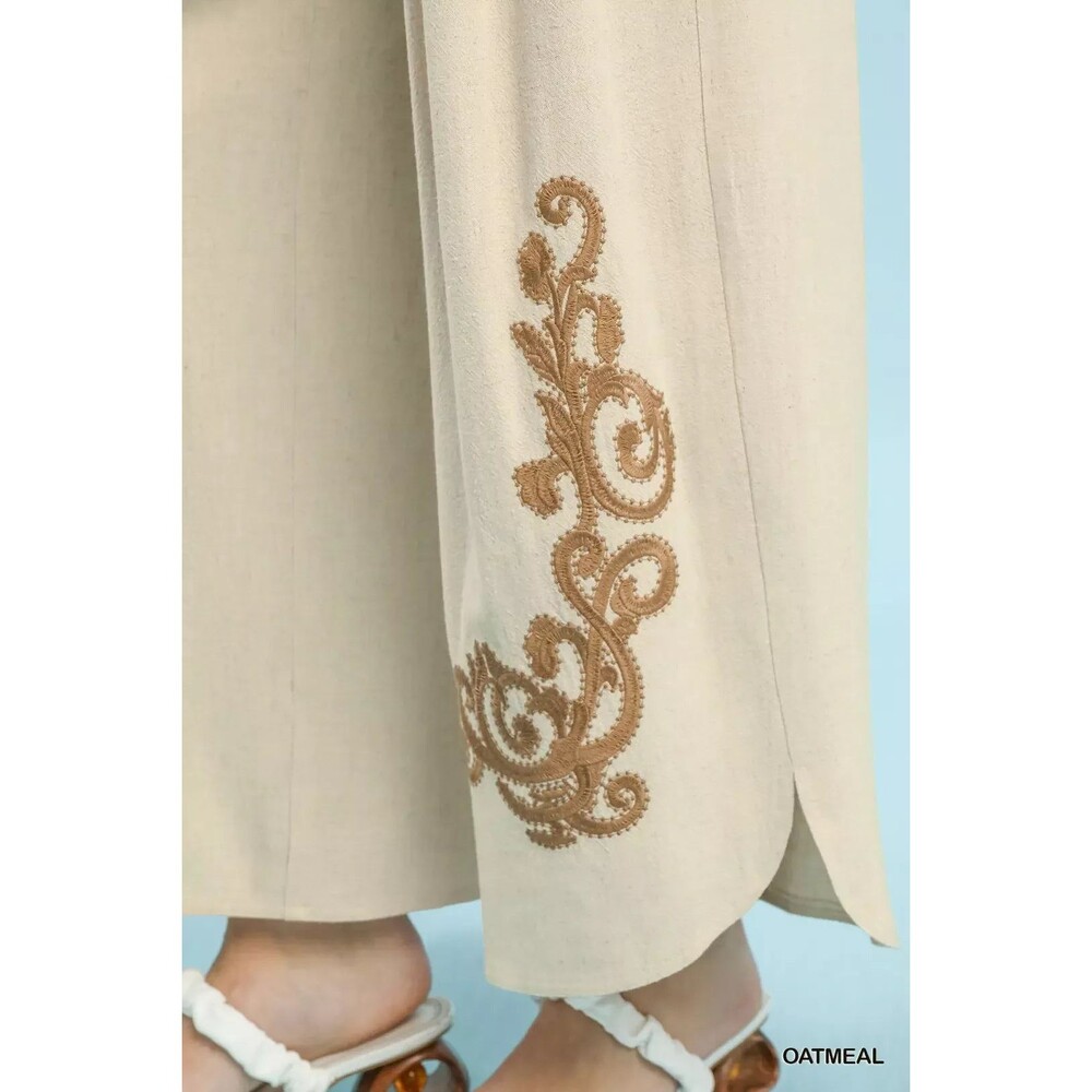 Umgee Linen Embroidered Wide-Leg Boho Pants - Picture 4 of 5